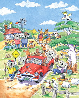 Cartoon koalas in neighborhood with red car, houses and trees under blue sky
