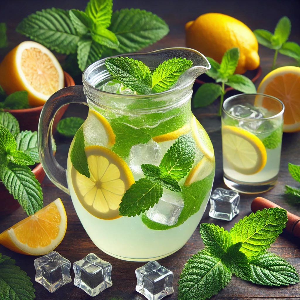 Pitcher of lemonade with lemon slices, mint leaves and ice cubes on wooden table with fresh lemons