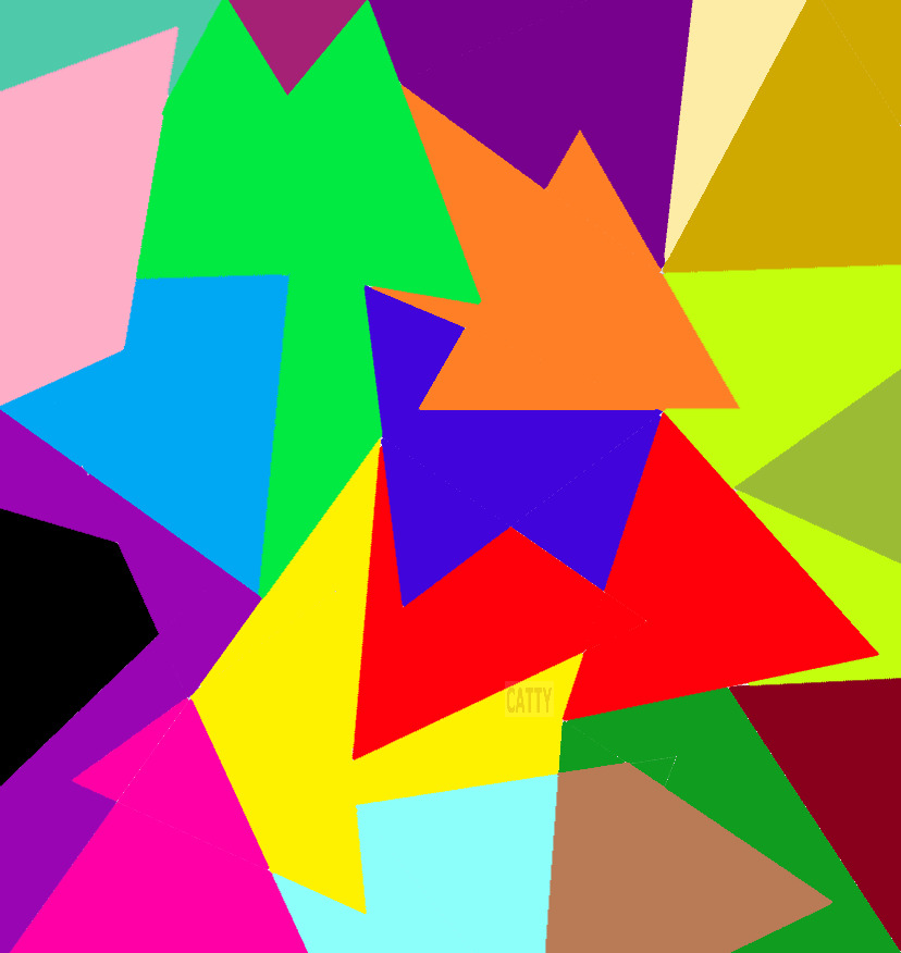 Abstract art with overlapping colorful triangles in bright pink, green, purple, orange, yellow, blue, and red