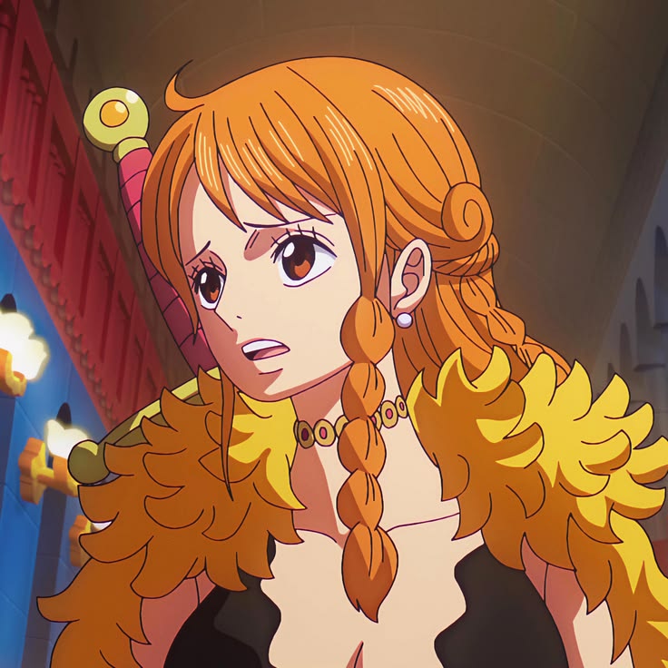 Anime character Nami with orange braided hair, purple eyes, yellow feathered coat, and straw hat pin