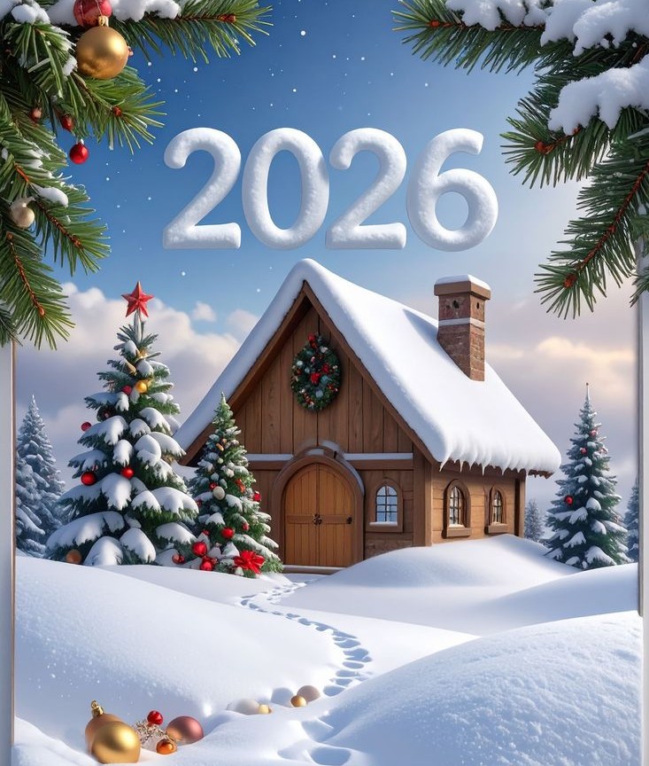Snow-covered cottage with decorated Christmas trees and 2026 above a winter scene