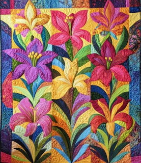 Colorful patchwork quilt with large stylized lily flowers in purple, pink, red, yellow, and orange hues