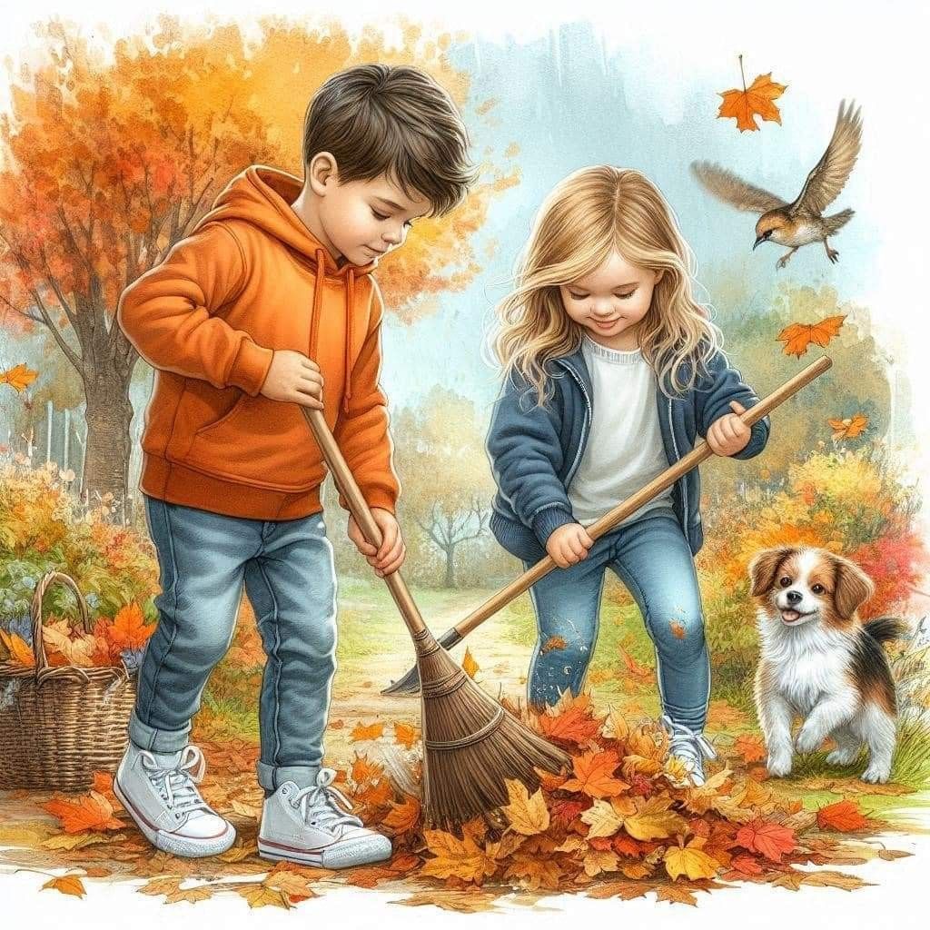 Boy and girl raking autumn leaves outdoors with a small dog beside them