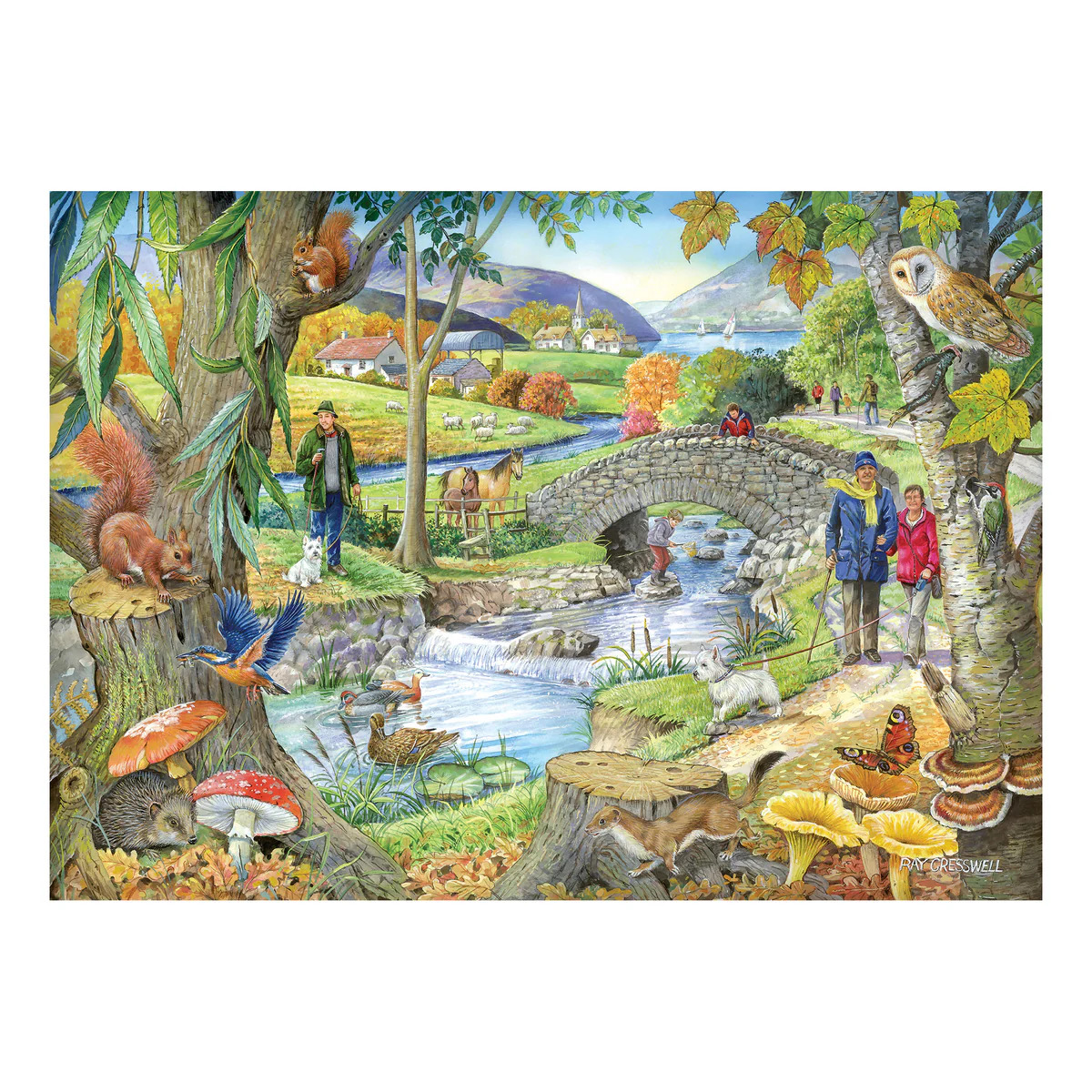 Illustrated woodland stream with a stone bridge, trees, birds, and forest animals