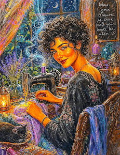 Painting of a woman sewing at a vintage machine by candlelight with a black cat nearby