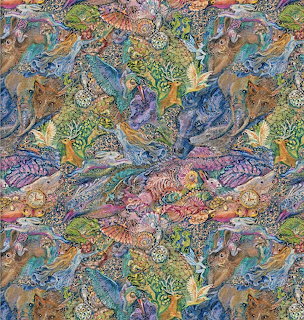 Detailed fantasy art painting with dragons, mythical creatures, and ornate decorative patterns in rich colors