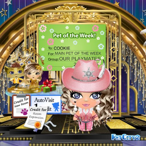 Cartoon girl in pink cowgirl clothes on a stage with a Pet of the Week sign
