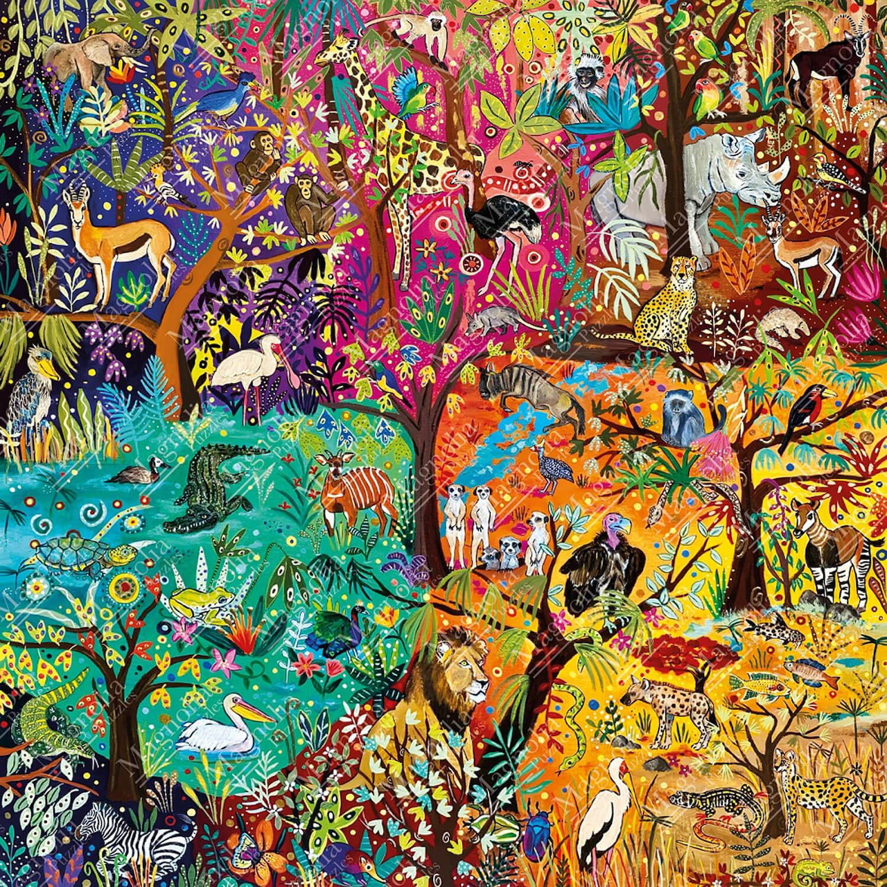 Colorful four-panel collage showing animals, flowers, and seasonal nature scenes with ornate decorative patterns