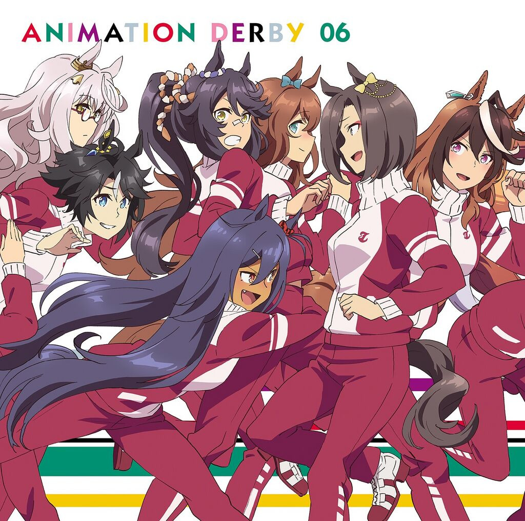Anime horse girls in red and white tracksuits posing together on a white background