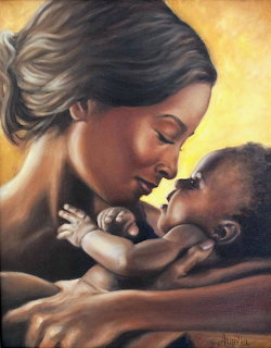 Painting of mother holding baby in loving embrace with warm golden tones