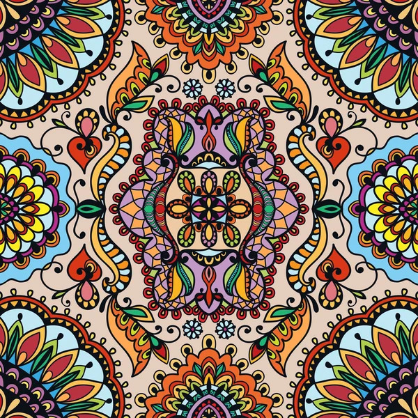 Colorful ornate mandala with symmetrical floral and geometric patterns in vibrant hues