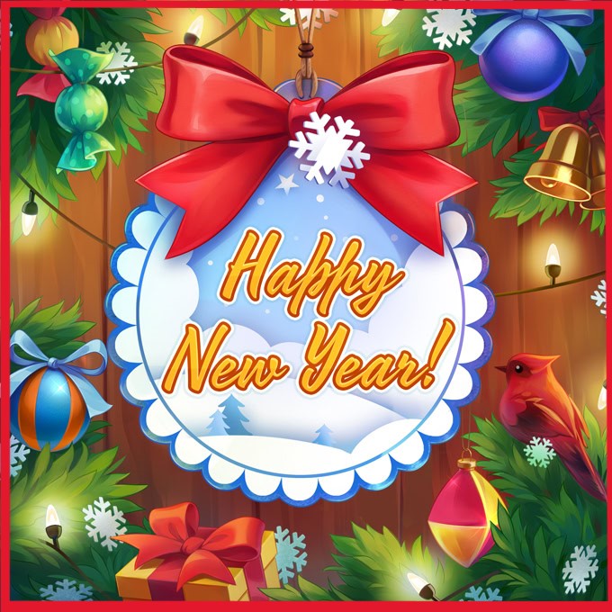 Festive Happy New Year illustration with red bow, ornaments, pine branches, and gifts