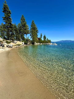 Clear shallow lake water at sandy beach with pine trees and distant mountains under blue sky