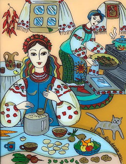 Folk art painting of Ukrainian woman in traditional dress at kitchen table with decorative pottery and hanging peppers
