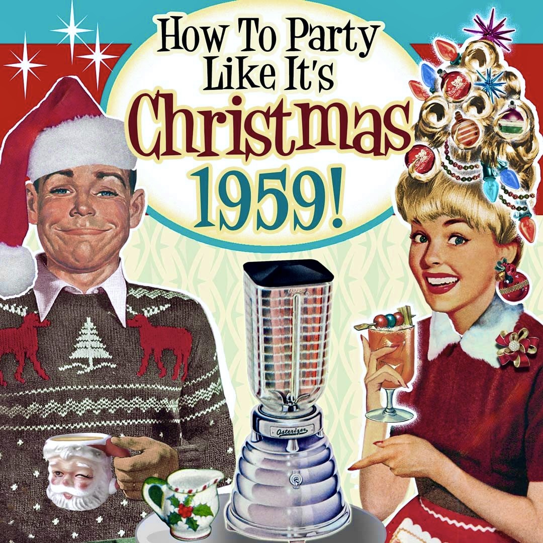 Retro 1950s style Christmas party illustration showing happy couple with cocktails, blender, and festive decorations