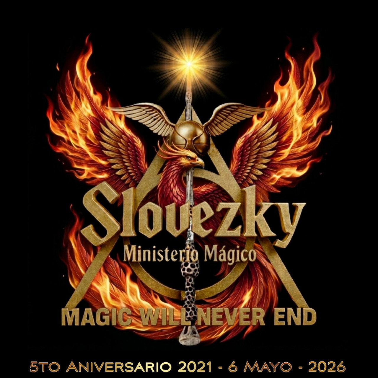 Fiery phoenix crest with wings, wand, and Slovezky Ministerio Mágico text on black