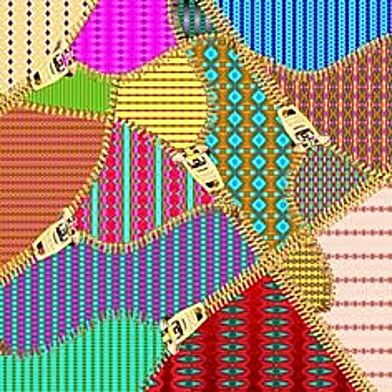 Colorful geometric patchwork of triangular fabric pieces with stripes, dots, and varied patterns