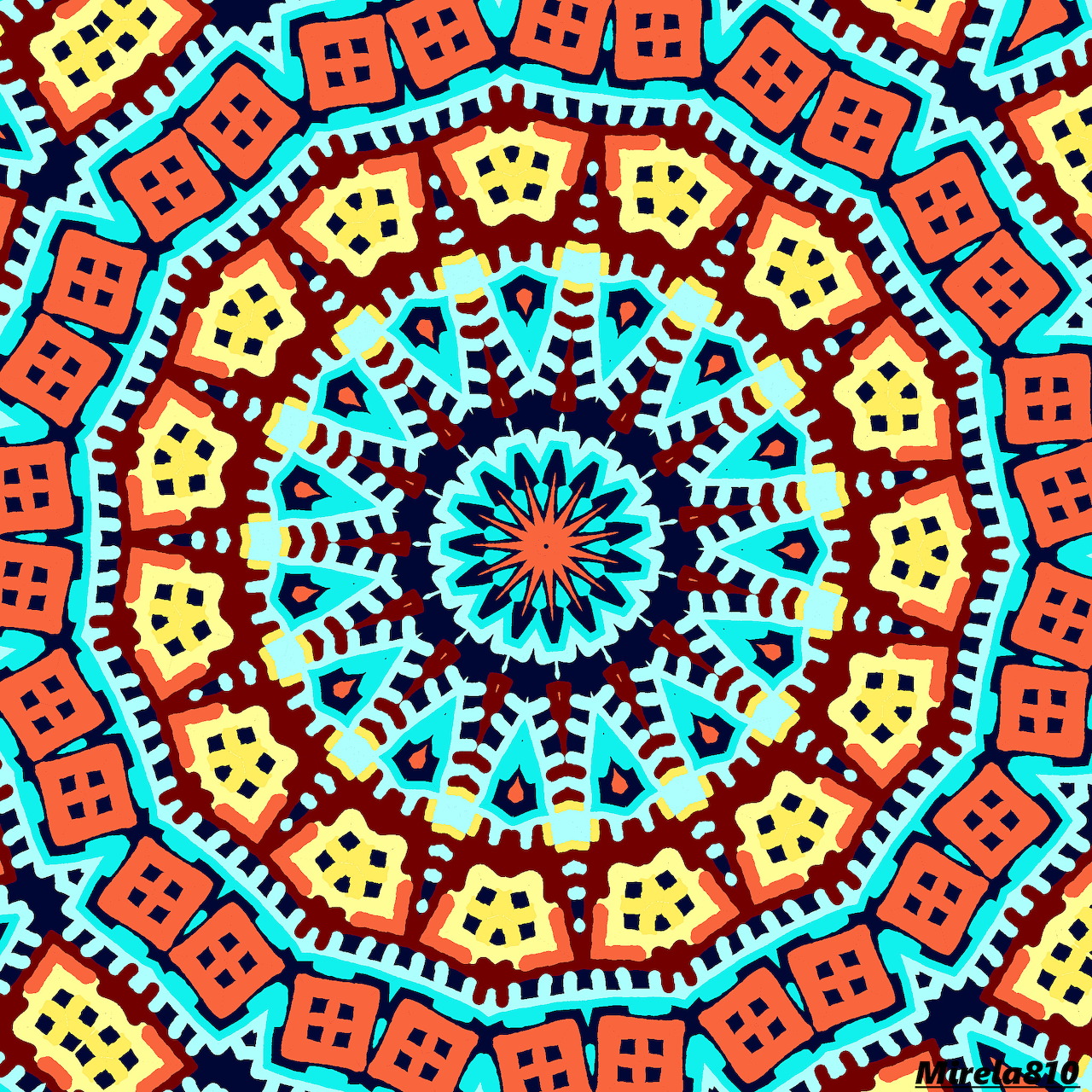 Colorful geometric mandala with concentric circles in turquoise, yellow, red, and black on black background