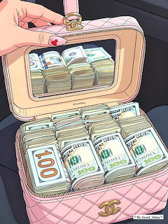 Illustration of a pink Chanel case stuffed with bundles of hundred dollar bills and a manicured hand