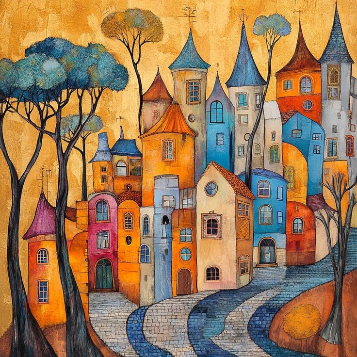 Whimsical painting of colorful tall houses clustered together with trees and winding path
