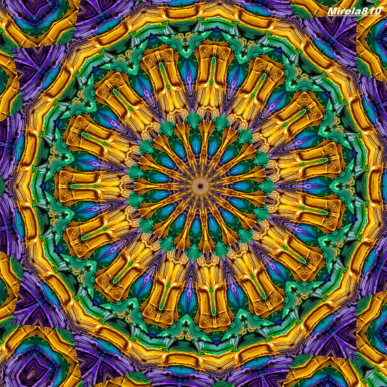 Colorful mandala with golden radial pattern and rainbow spiral background
