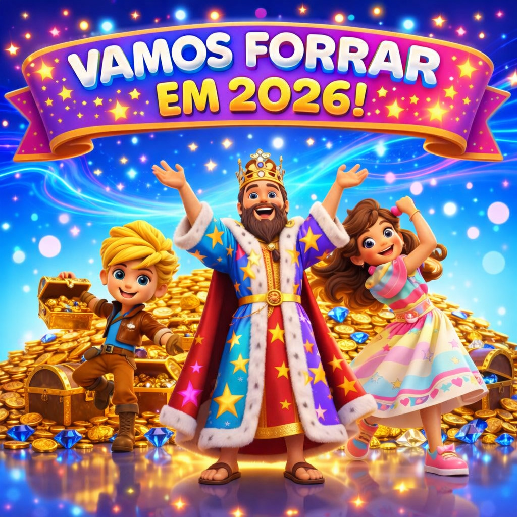 Cartoon king in colorful robe with two children celebrating carnival with treasure and confetti