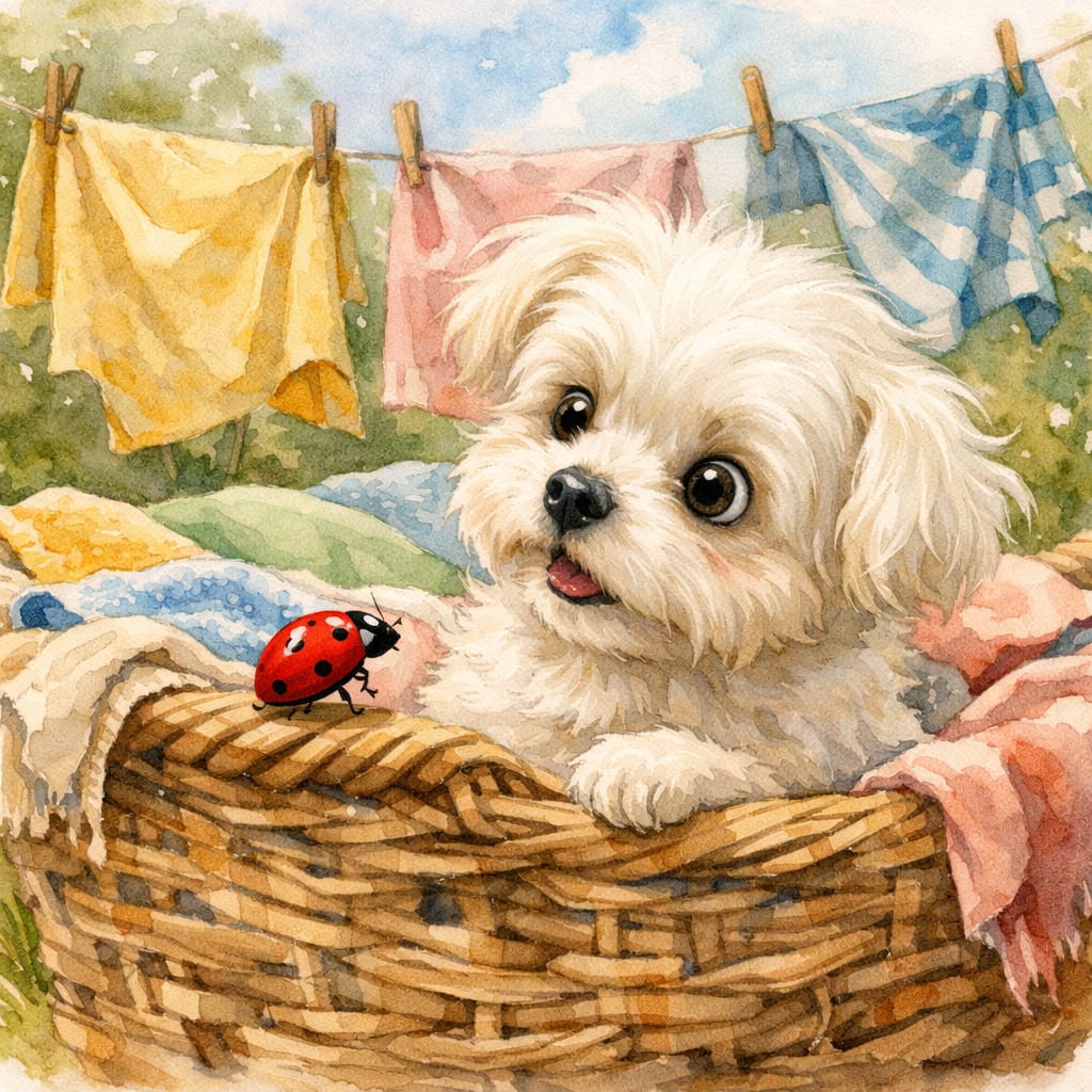 White fluffy puppy lying in wicker basket with colorful laundry on clothesline behind