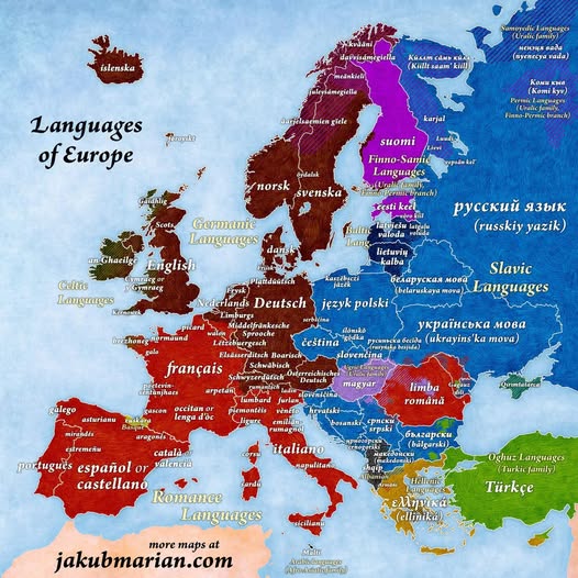 Linguistic map of Europe showing language family distribution with country names labeled in their native languages