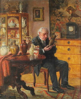 Elderly man in dark suit examining antique object in Victorian room with cabinet, clock, and dog