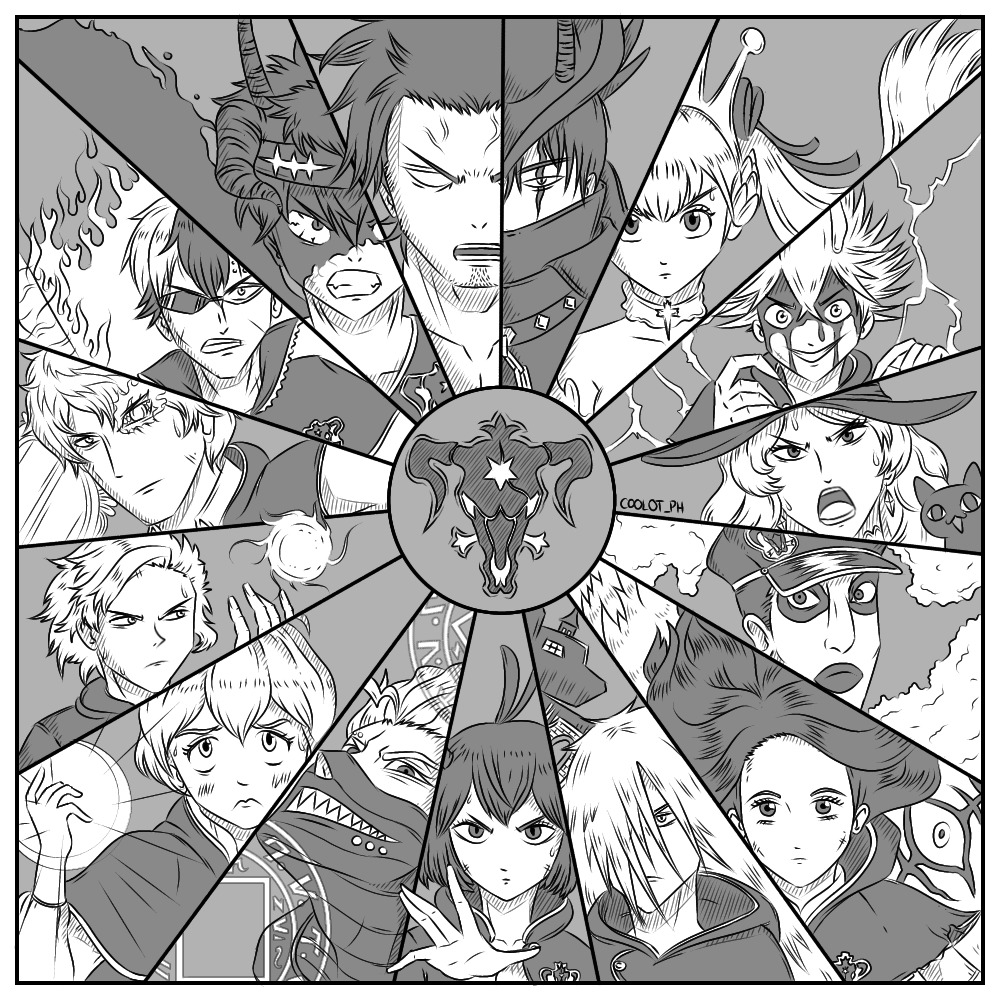 Black-and-white anime character collage in a circular radial layout around a central emblem