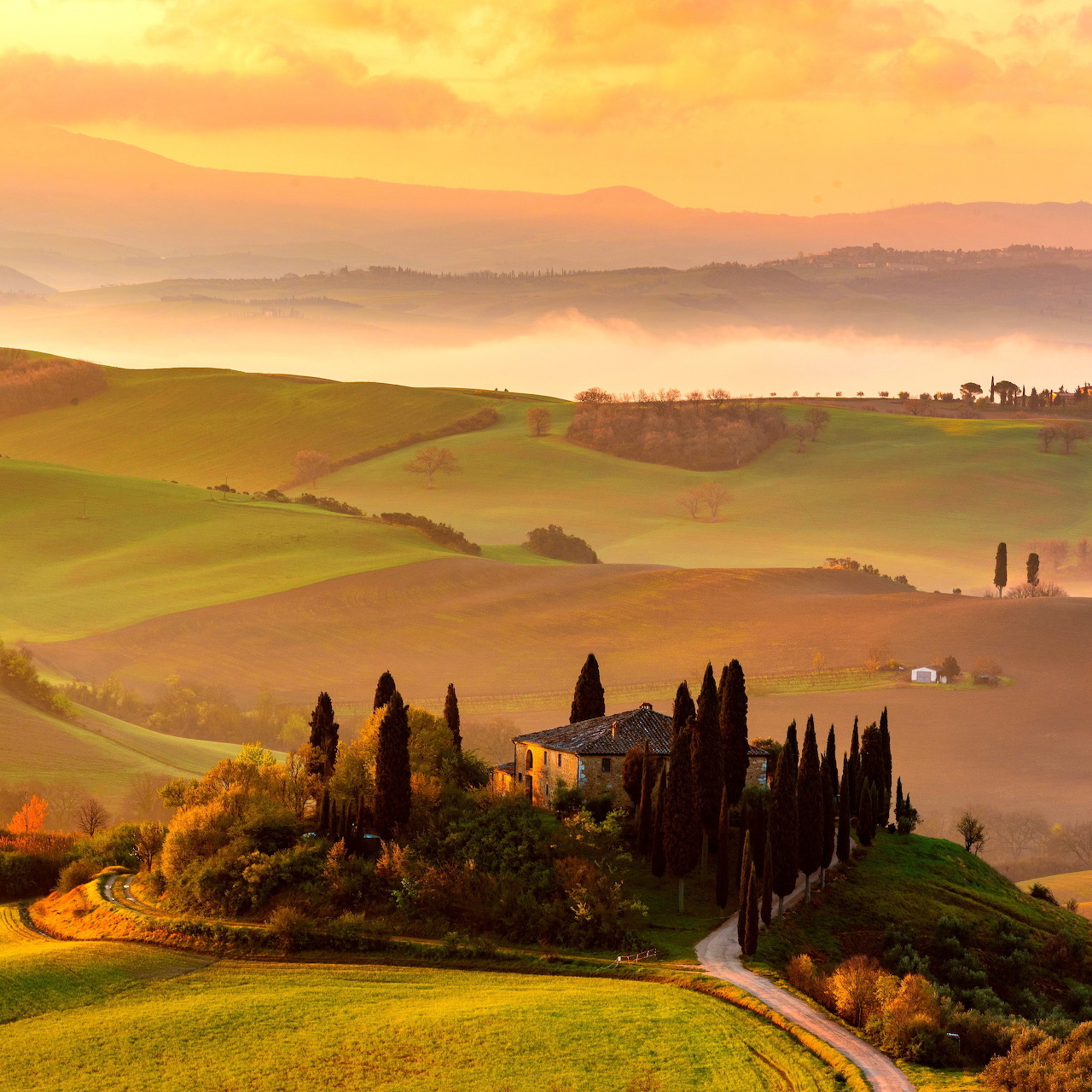 Sunrise over rolling Tuscan hills with cypress trees and a farmhouse surrounded by golden mist