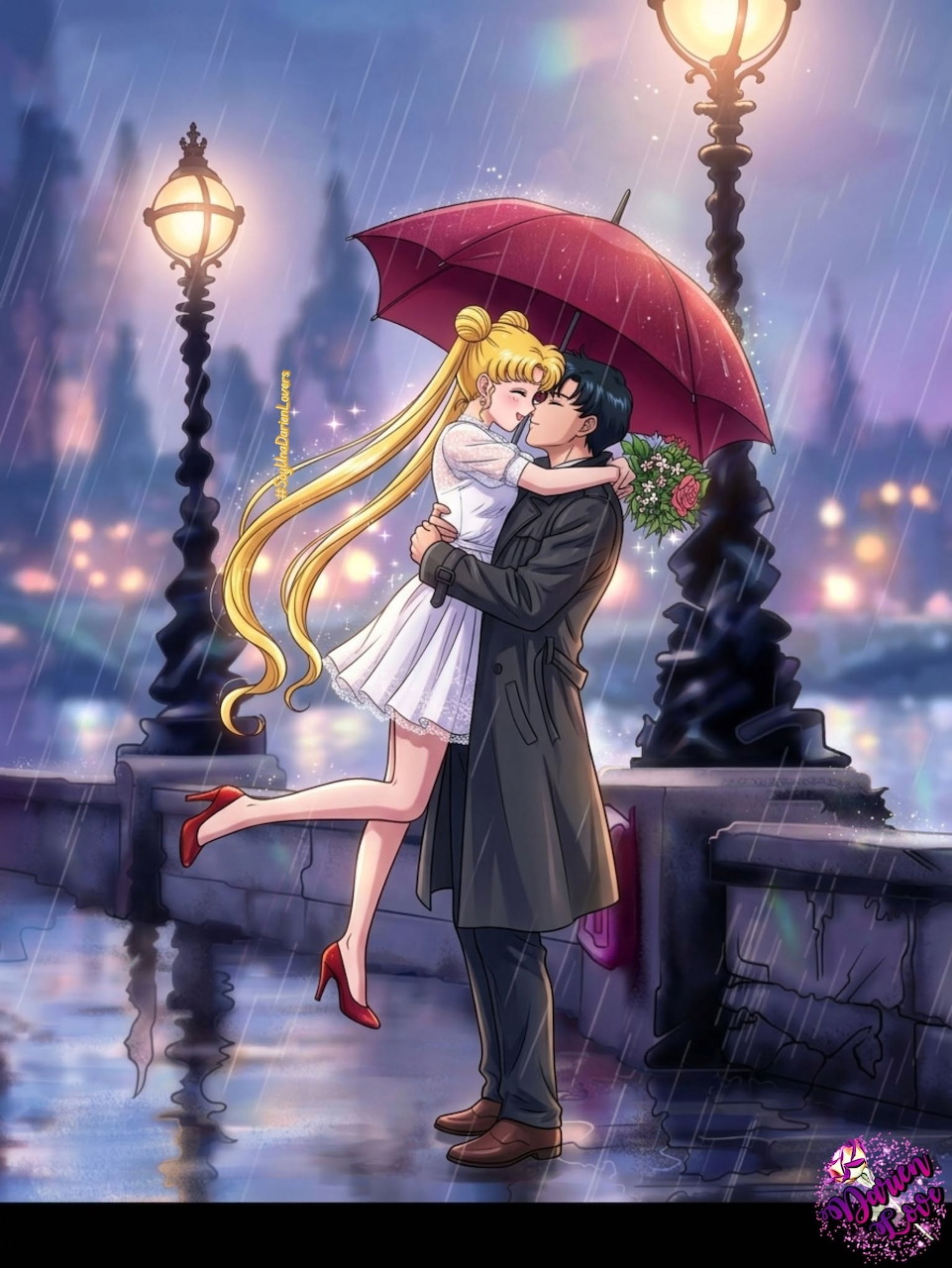 Anime couple under red umbrella on rainy city street with glowing lamps
