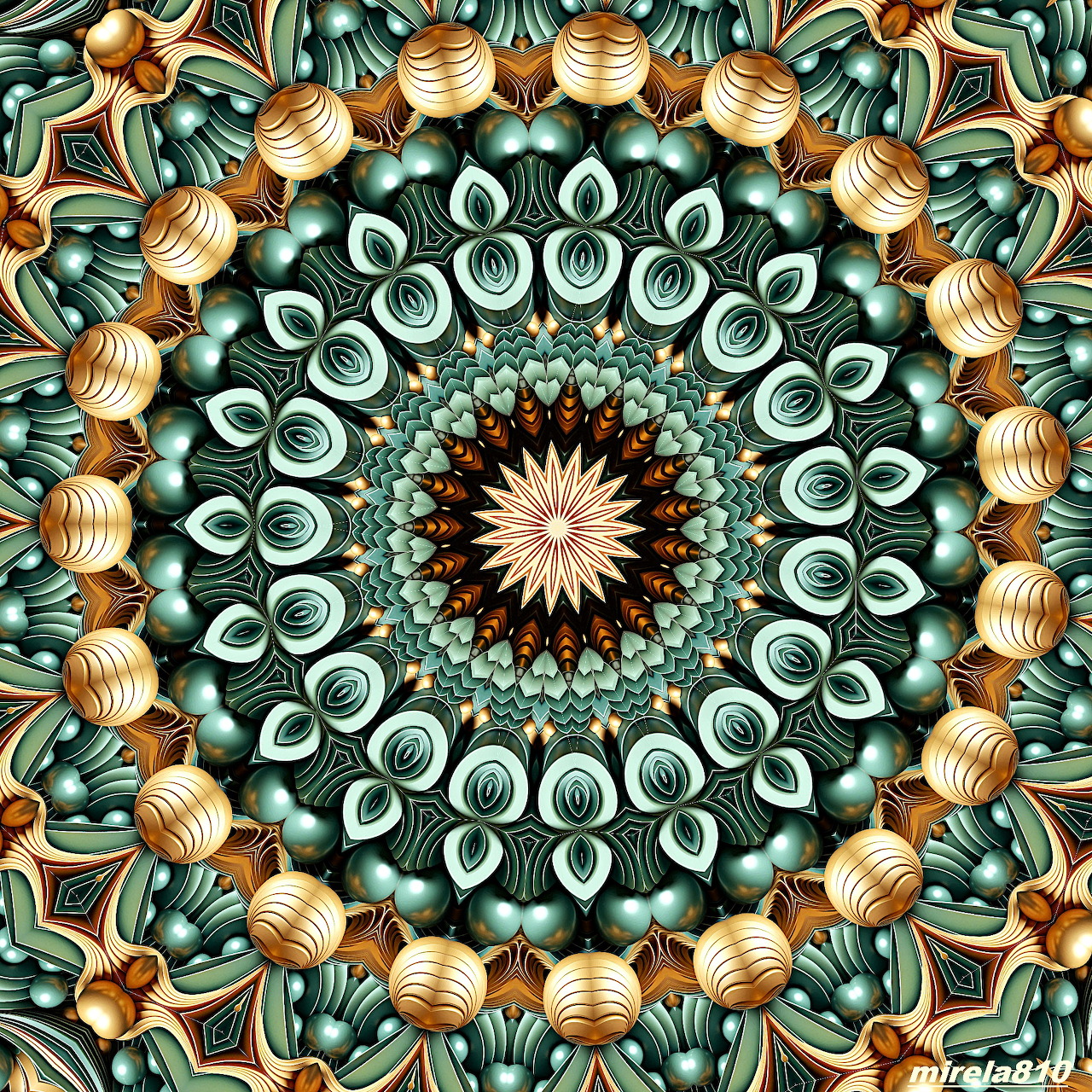 Symmetrical teal and gold mandala with layered geometric patterns and floral center