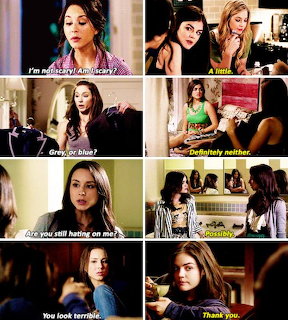 Collage of Pretty Little Liars TV show scenes with dialogue subtitles showing conversations between characters