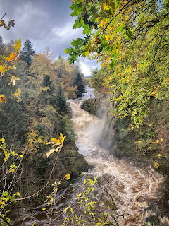 Waterfall rushing through tree-lined gorge with autumn leaves and cloudy sky in Scotland