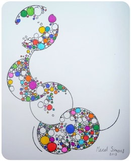 Abstract ink drawing of swirling circles filled with multicolored dots and bubbles on white paper