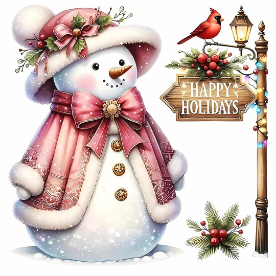 Illustrated snowman in pink winter clothes next to a lamppost, cardinal, and Happy Holidays sign