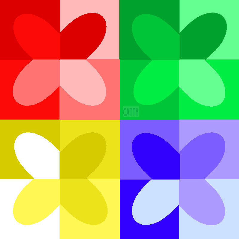 Four abstract flowers in red, green, yellow, and blue arranged in a square grid with gradient petals