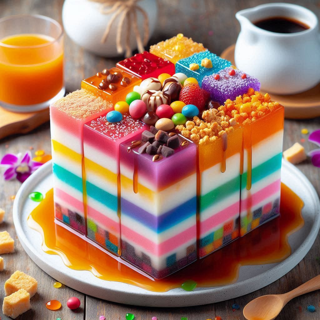 Colorful rainbow-striped layered cake topped with assorted candies, nuts, and berries on white plate