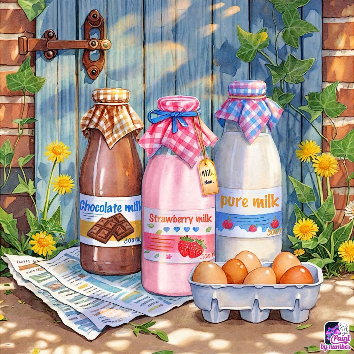 Illustrated milk bottles and a carton of eggs on newspaper by a blue wooden door with flowers