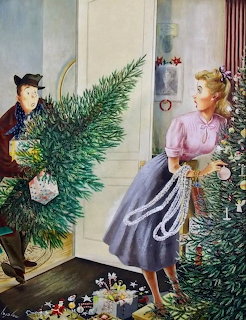 Two women in 1950s attire with large Christmas tree in elegant interior, vintage holiday illustration