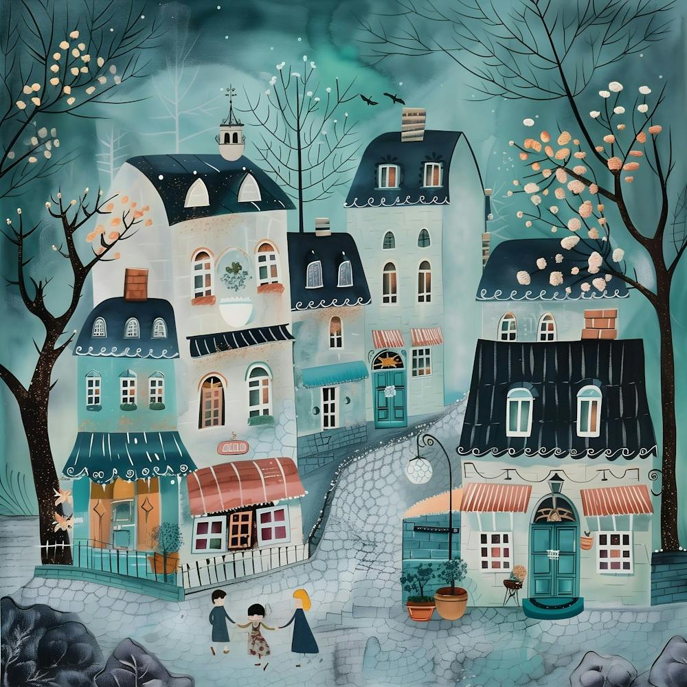 Folk art winter village with colorful houses, snow-covered roofs, bare trees, and tiny people under a teal sky