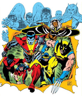 Colorful X-Men comic illustration with Wolverine, Storm, Cyclops, Colossus, and Nightcrawler charging forward