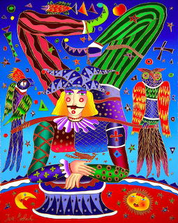 Colorful illustration of a jester with crown surrounded by fantastical creatures and geometric patterns