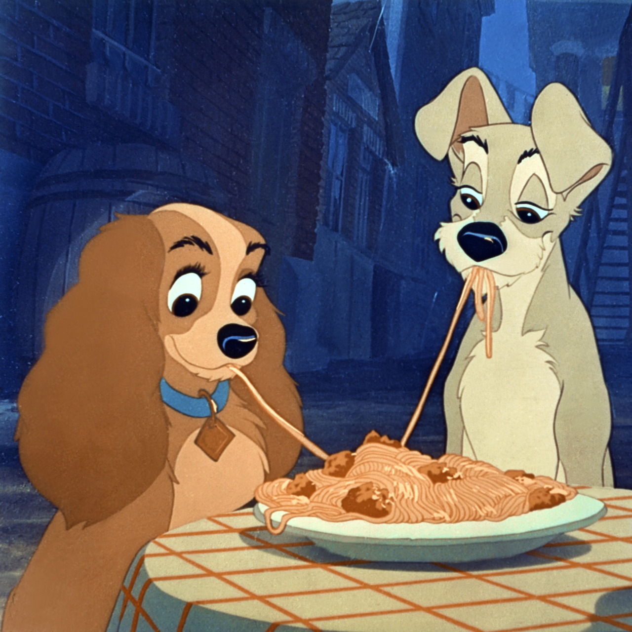 Two animated dogs sharing a plate of spaghetti and meatballs at night