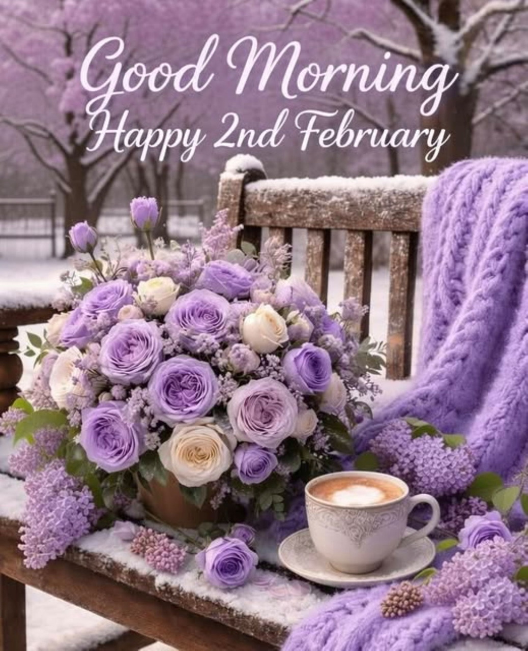 Purple and cream roses in a basket on a snowy bench with a coffee cup and knitted blanket