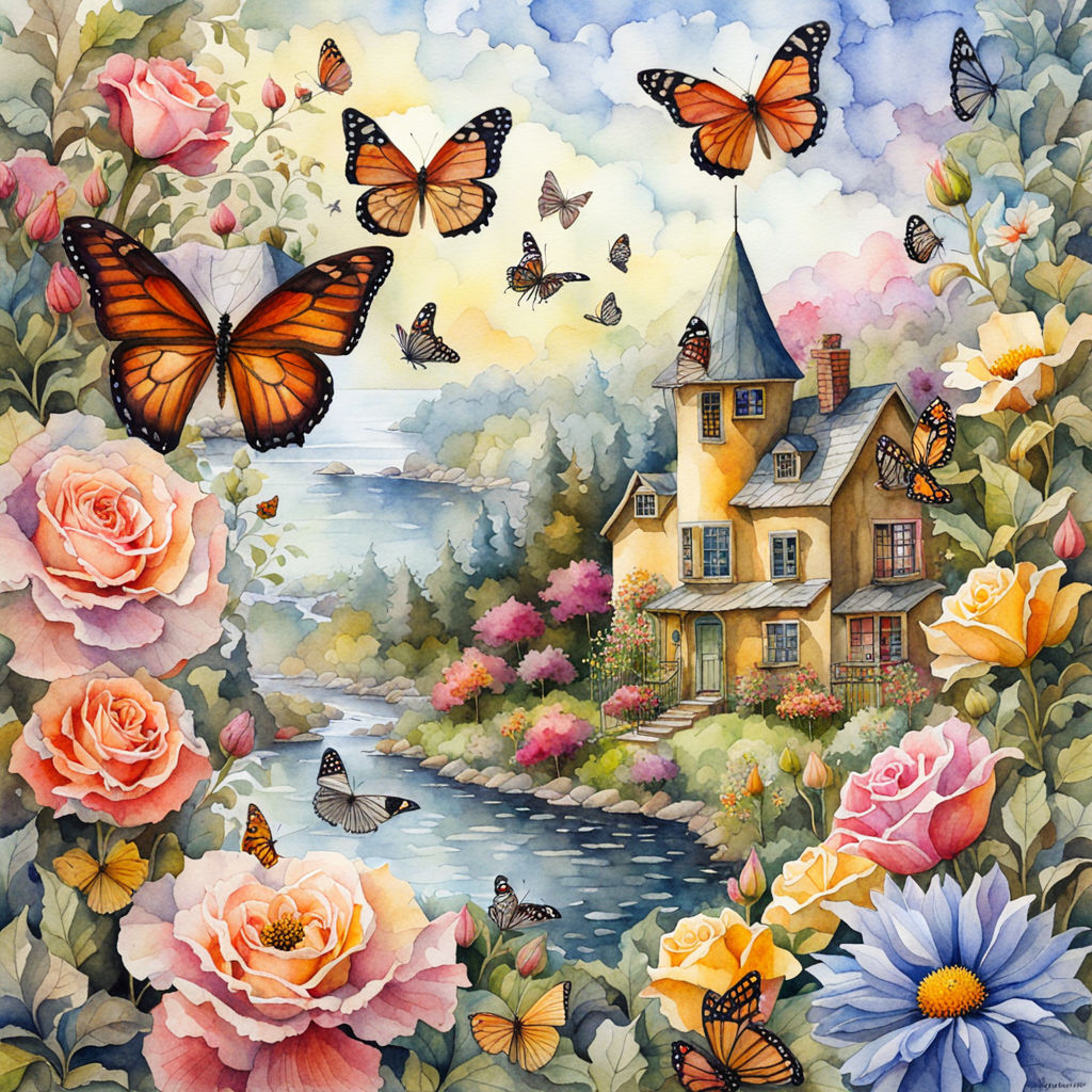 Watercolor cottage by river with colorful flowers and orange butterflies in garden