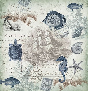 Vintage collage of marine life with seahorse, turtle, fish, shells, and sailing ship on old postcard background
