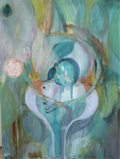 Abstract painting with circular forms and a figure in teal, green, and gold tones with dripping paint