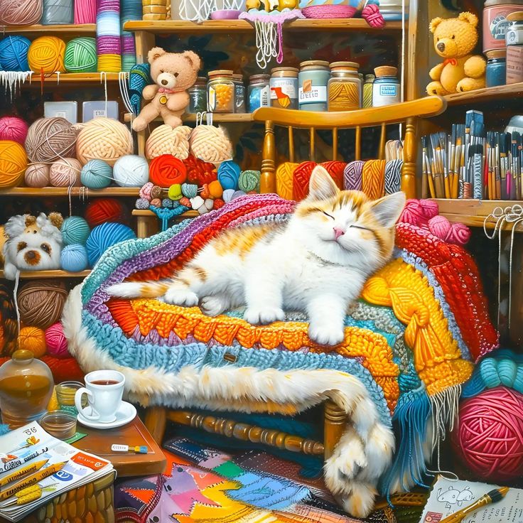 White and orange cat sleeping on a crocheted blanket in a cozy craft room filled with yarn and supplies